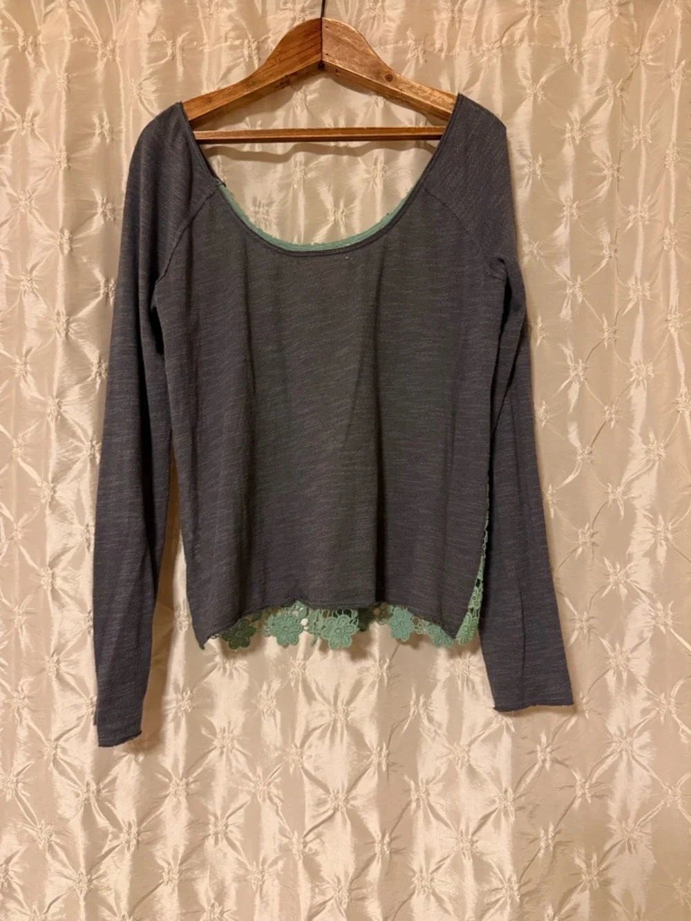 Y2K Free People Mint Green Gray Crochet Lace Long Sleeve Top Boho Crochet vtg